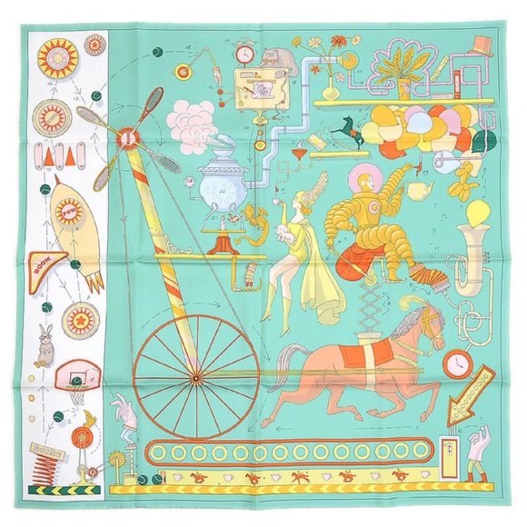 NWT HERMES Carre 90 scarf 100% Silk “Tea for Two” veil jade/white/jaune - Picture 5 of 6